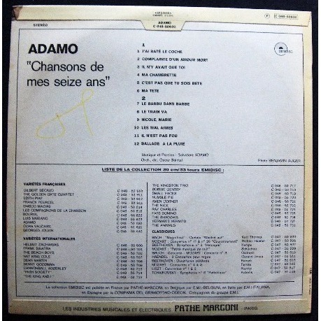 Chansons de mes seize ans by Adamo, LP with patsillons - Ref:115126966