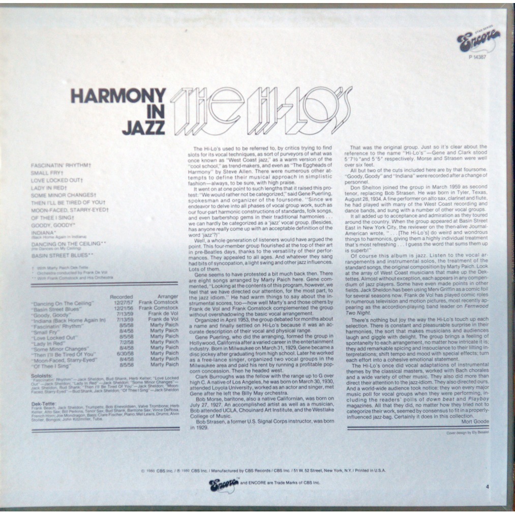 Harmony in jazz by Hi Lo'S Gene Puerling, LP with rarissime Ref