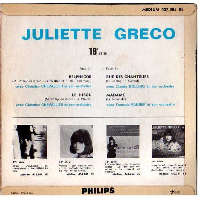 Belphegor / le hibou / rue des chanteurs / madame by Juliette Greco, EP ...